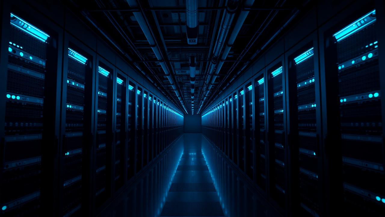 Data centre corridor illuminated in blue